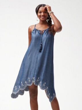 Tommy Bahama All Day Embroidered Chambray Shark Bite Hem Sundress Cover-Up Small
